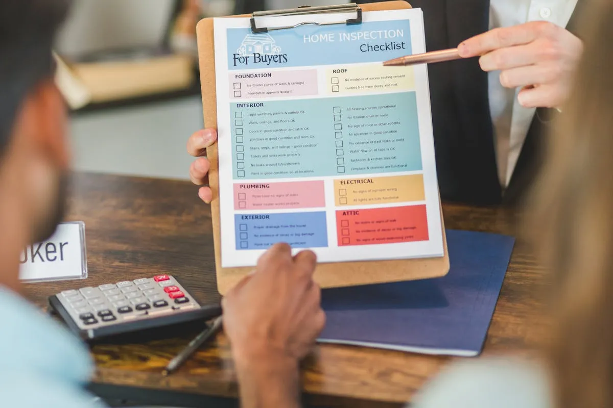 Mão marcando itens em lista em caderno sobre mesa de trabalho