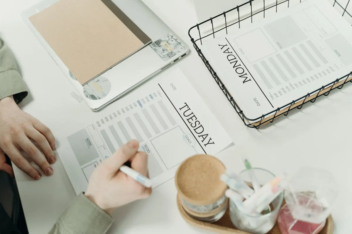 Dono de negócio sentado à mesa com agenda e computador planejando a semana de trabalho
