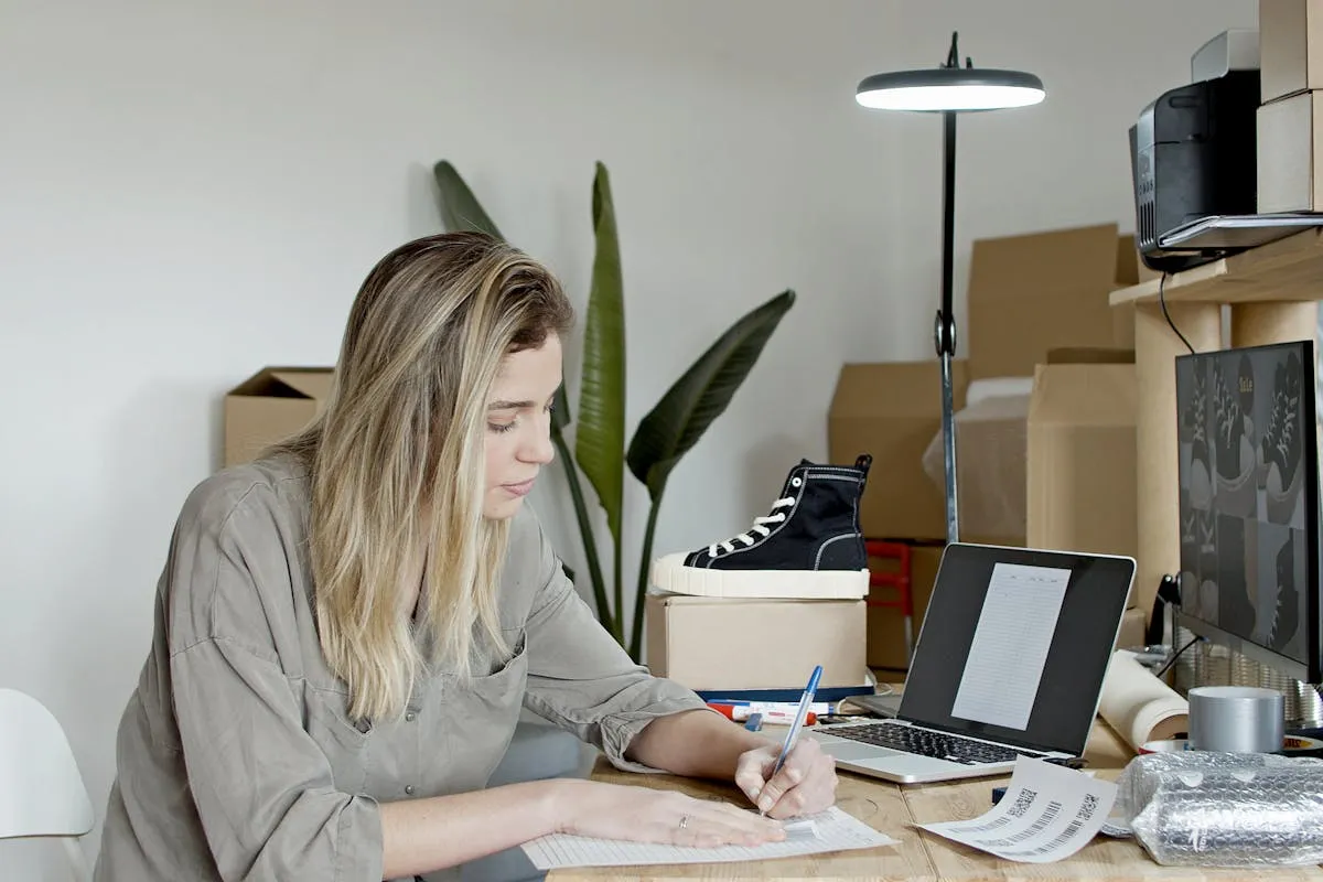 Empresário abrindo laptop em mesa de trabalho com bloco de notas ao lado